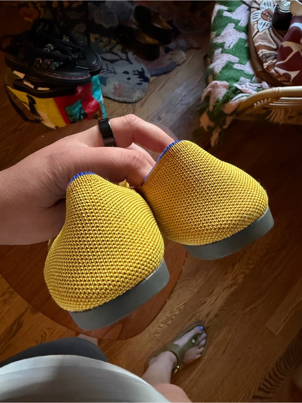 EUC Rothy's Yellow Pointed Knit Flats with Blue Trim - Picture 2 of 5